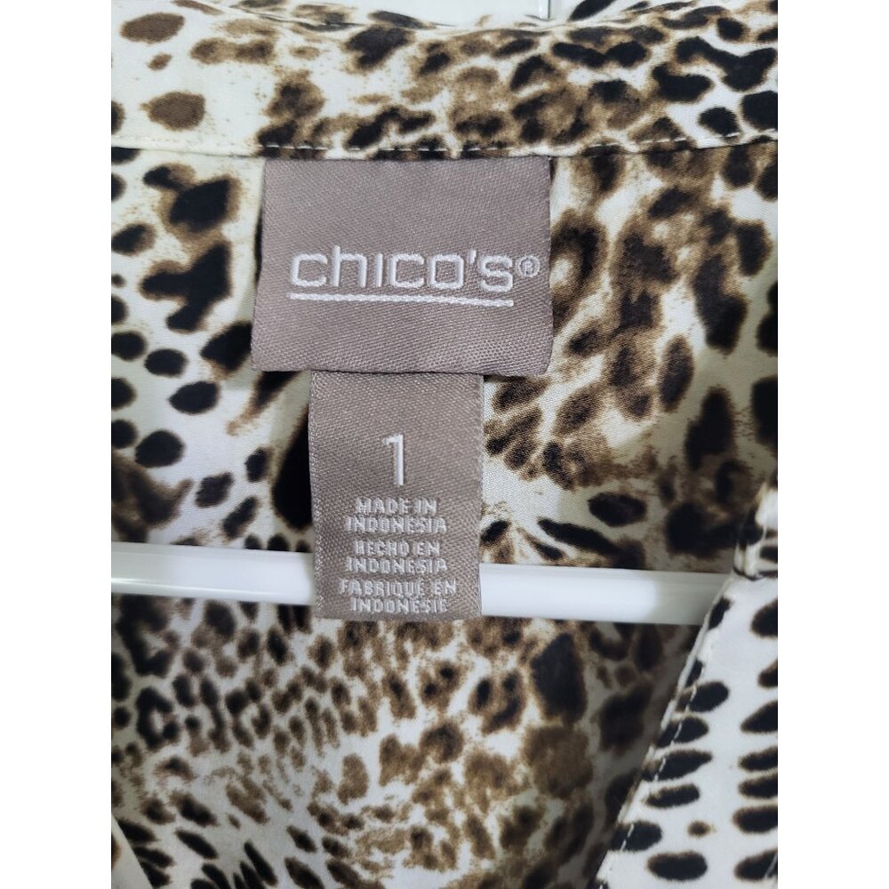 CHICO'S Womens SZ 1 (US M) Brown Animal Print Button Up Blouse Career Mob Wife - Picture 3 of 7